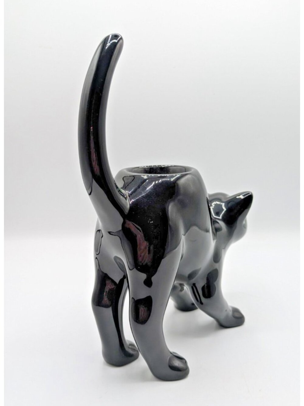 PartyLite Black Cat Halloween Tea Light Candle Holder Yellow Eyes Ceramic 8" - Picture 4 of 10